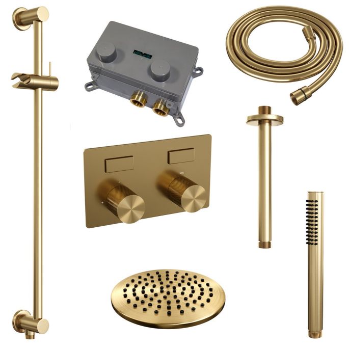 Brauer Carving 5-GG-200 thermostatische inbouw regendouche met drukknoppen SET 65 goud geborsteld PVD
