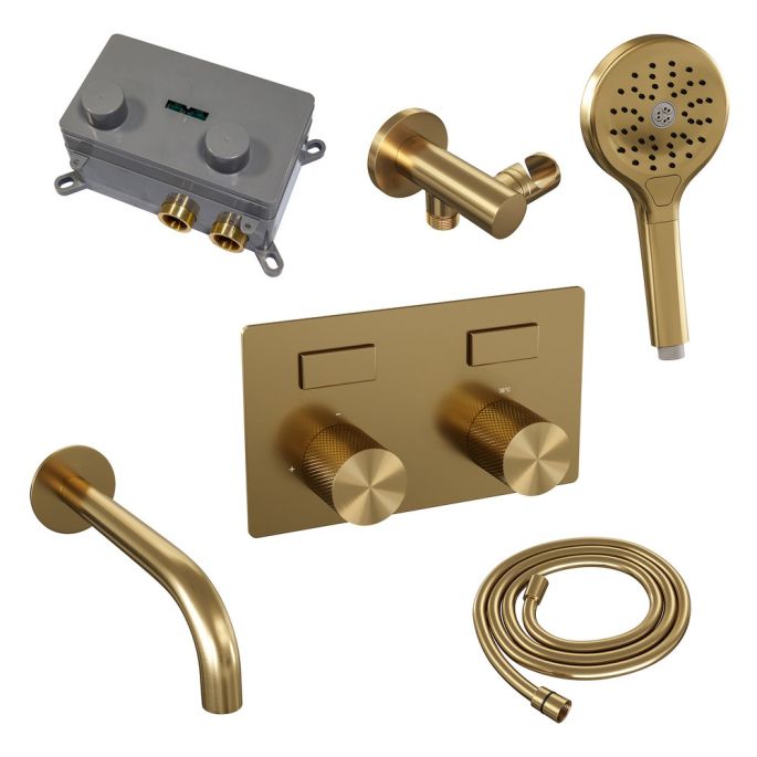 Brauer Carving 5-GG-215 thermostatische inbouw badkraan met drukknoppen SET 04 goud geborsteld PVD