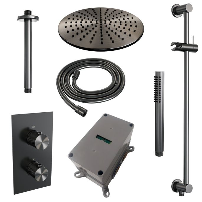 Brauer Carving 5-GM-138 thermostatische inbouw regendouche 3-weg omstelling SET 42 gunmetal geborsteld PVD