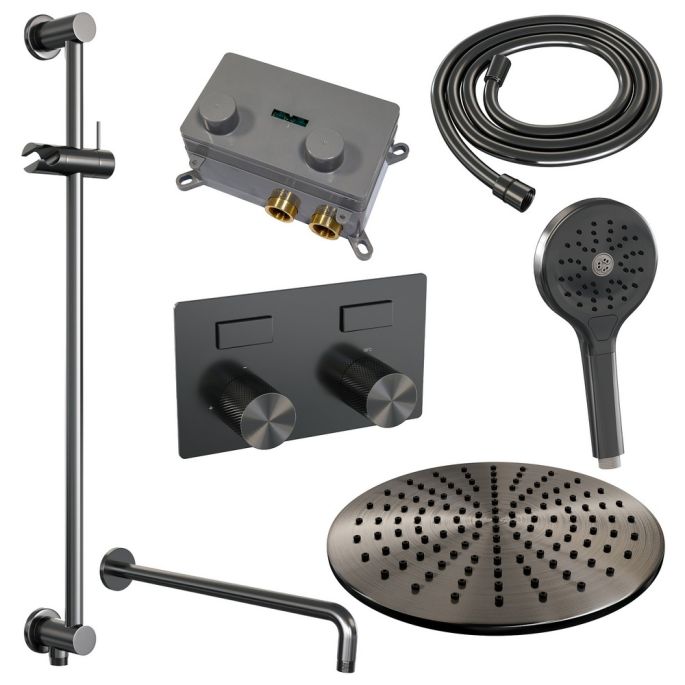 Brauer Carving 5-GM-205 thermostatische inbouw regendouche met drukknoppen SET 70 gunmetal geborsteld PVD