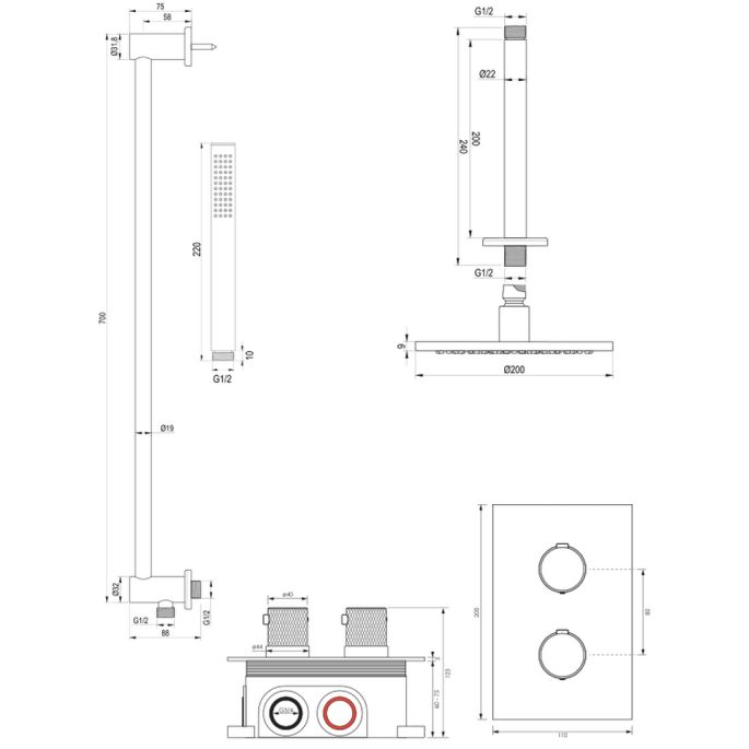 Brauer Carving 5-GK-137 thermostatische inbouw regendouche 3-weg omstelling SET 41 koper geborsteld PVD