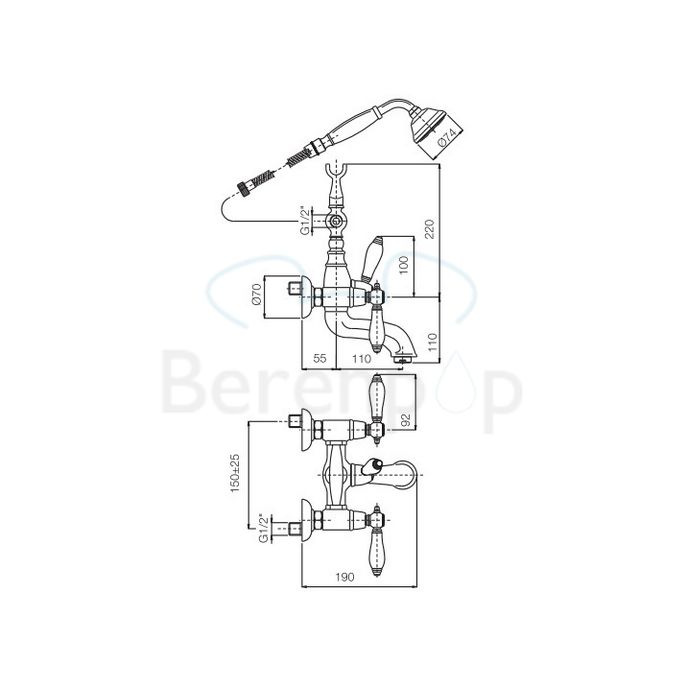 Fima Carlo Frattini Herend F5404CR badkraan opbouw 2-greeps met garnituur chroom