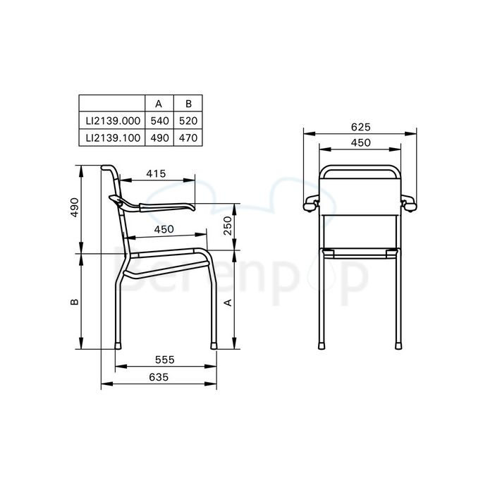 Handicare (Linido) LI2139000200 douchestoel (zithoogte 540mm) RVS gepolijst