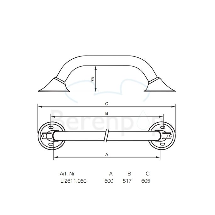 Handicare (Linido) LI2611050200 wandbeugel Ergogrip 500mm RVS gepolijst (witte afdekkappen)