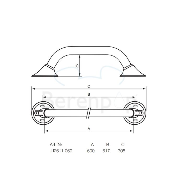 Handicare (Linido) LI2611060211 wandbeugel Ergogrip 600mm RVS gepolijst (antraciete afdekkappen)