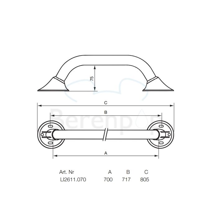 Handicare (Linido) LI2611070211 wandbeugel Ergogrip 700mm RVS gepolijst (antraciete afdekkappen)