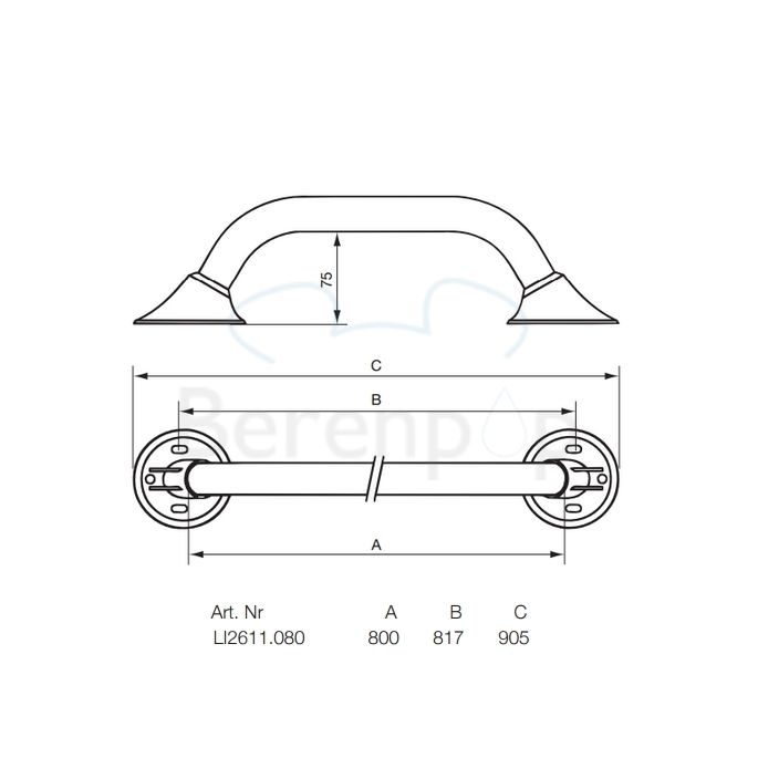 Handicare (Linido) LI2611080200 wandbeugel Ergogrip 800mm RVS gepolijst (witte afdekkappen)