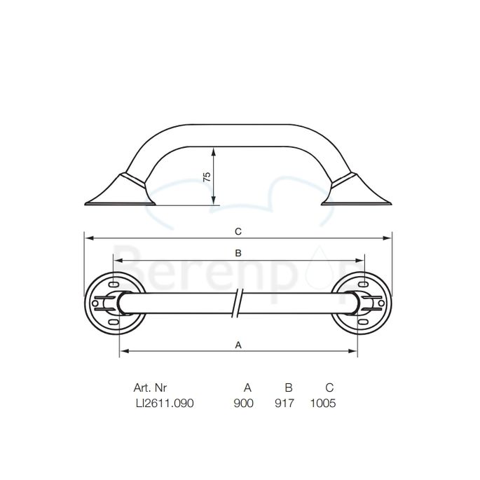 Handicare (Linido) LI2611090200 wandbeugel Ergogrip 900mm RVS gepolijst (witte afdekkappen)