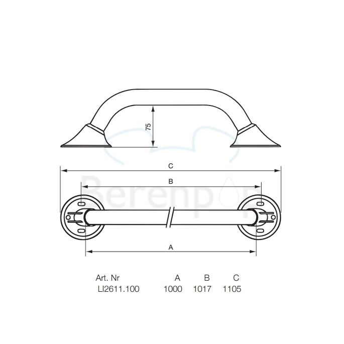 Handicare (Linido) LI2611100200 wandbeugel Ergogrip 1000mm RVS gepolijst (witte afdekkappen)