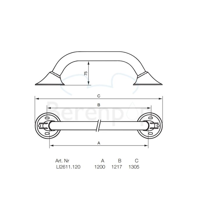 Handicare (Linido) LI2611120200 wandbeugel Ergogrip 1200mm RVS gepolijst (witte afdekkappen)