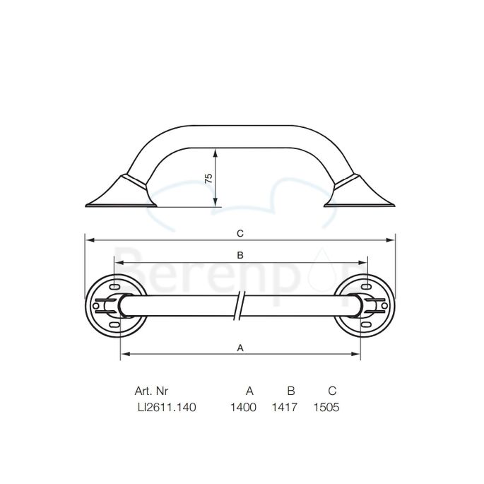 Handicare (Linido) LI2611140200 wandbeugel Ergogrip 1400mm RVS gepolijst (witte afdekkappen)