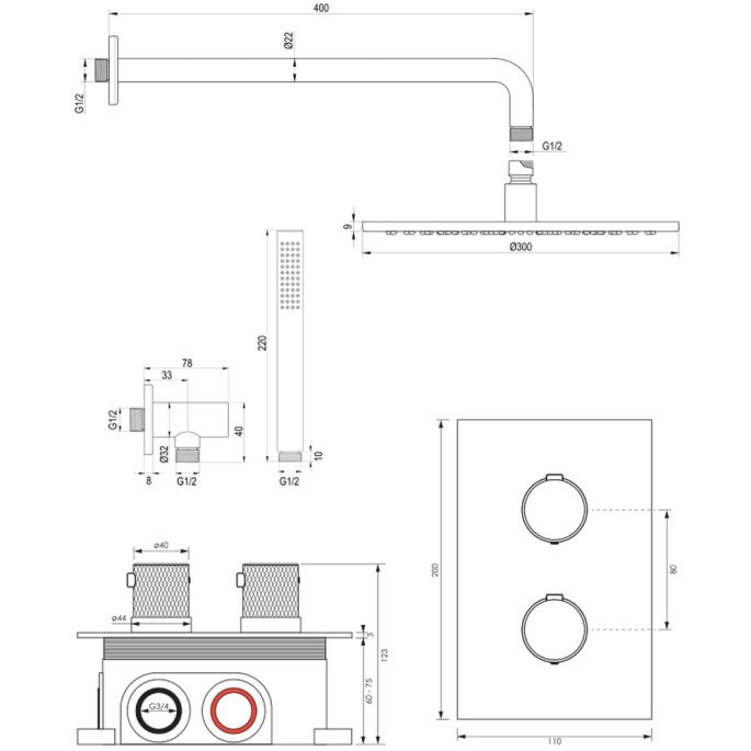 Brauer Carving 5-CE-124 thermostatische inbouw regendouche 3-weg omstelling SET 28 chroom