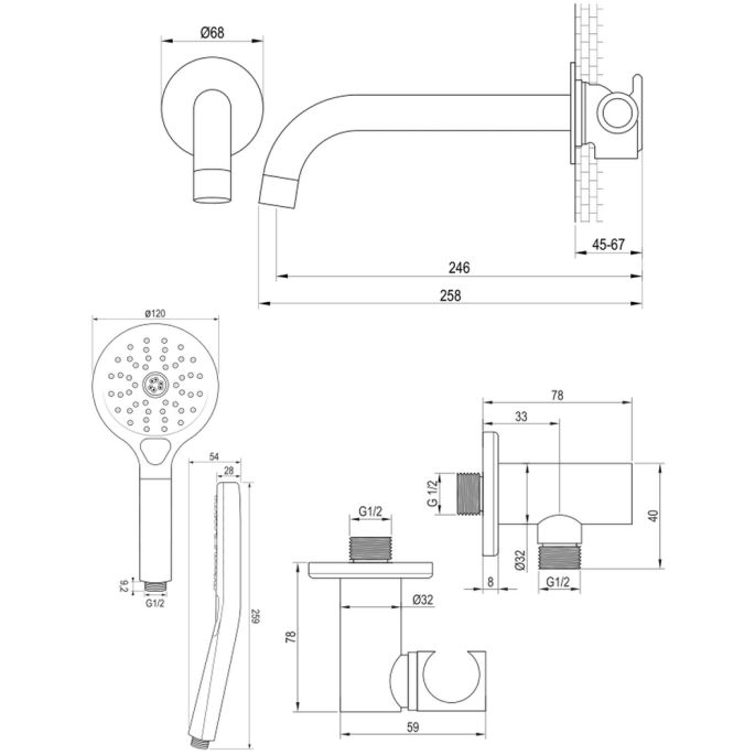 Brauer Carving 5-GG-094 thermostatische inbouw badkraan SET 02 goud geborsteld PVD