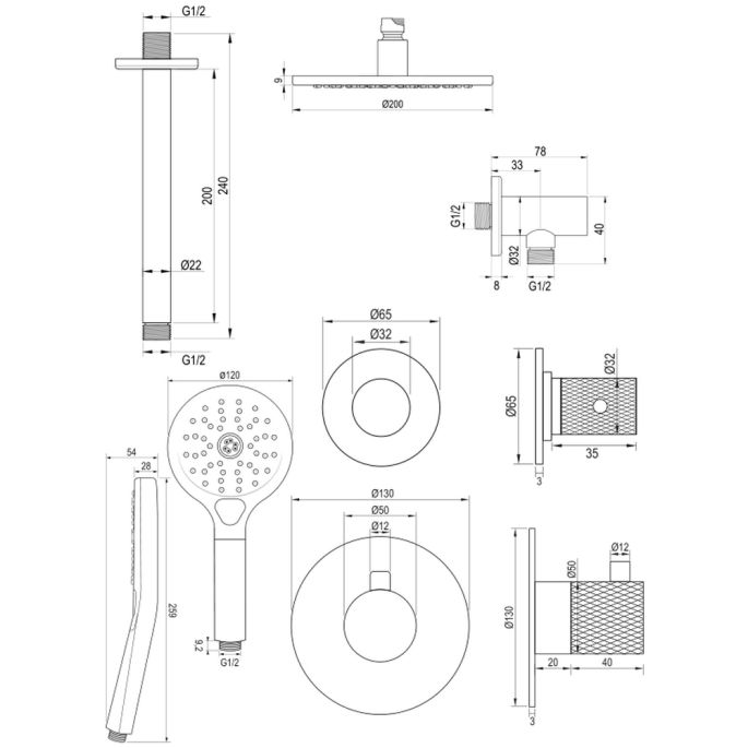 Brauer Carving 5-GG-107 thermostatische inbouw regendouche SET 11 goud geborsteld PVD