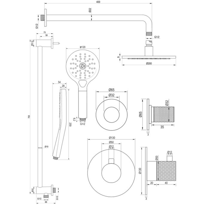 Brauer Carving 5-GG-117 thermostatische inbouw regendouche SET 21 met 20 cm goud geborsteld PVD