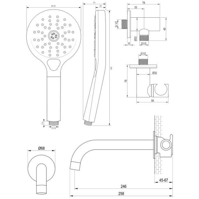 Brauer Carving 5-GG-215 thermostatische inbouw badkraan met drukknoppen SET 04 goud geborsteld PVD