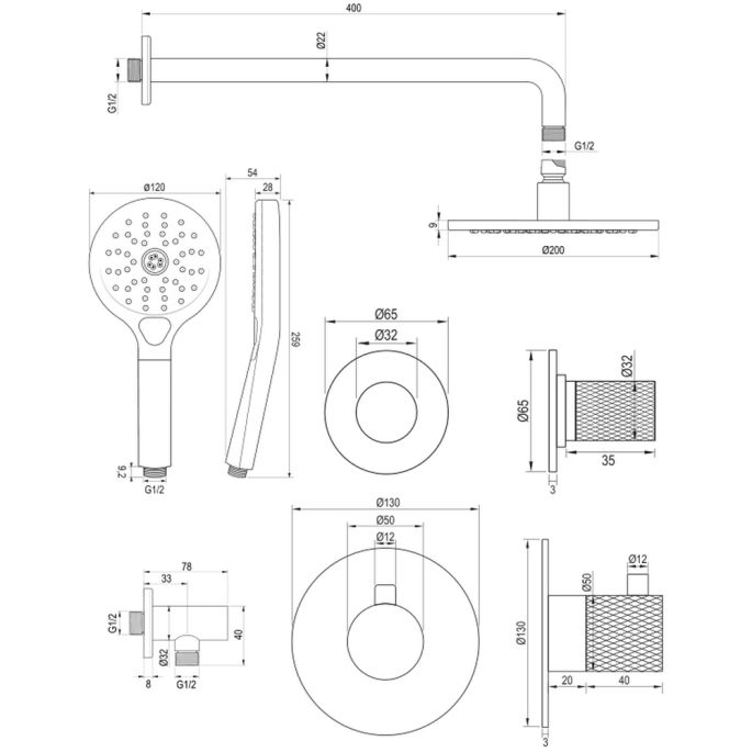 Brauer Carving 5-GM-105 thermostatische inbouw regendouche SET 09 gunmetal geborsteld PVD