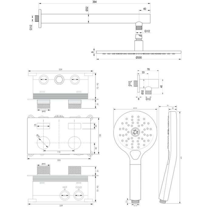 Brauer Carving 5-GM-191 thermostatische inbouw regendouche met drukknoppen SET 56 gunmetal geborsteld PVD