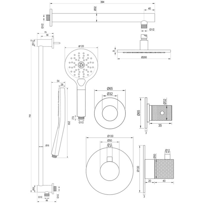 Brauer Carving 5-NG-115 thermostatische inbouw regendouche SET 19 RVS geborsteld PVD
