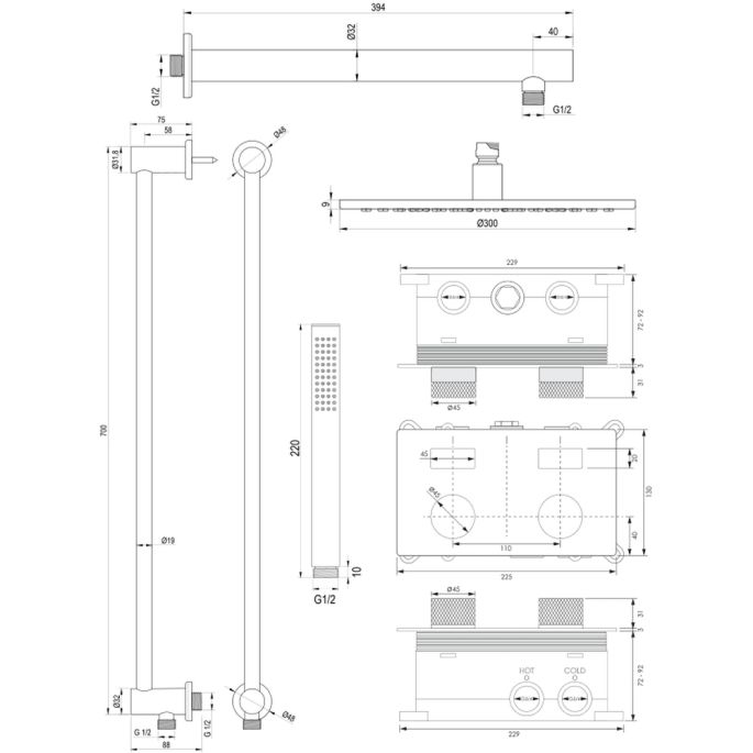 Brauer Carving 5-NG-197 thermostatische inbouw regendouche met drukknoppen SET 62 RVS geborsteld PVD