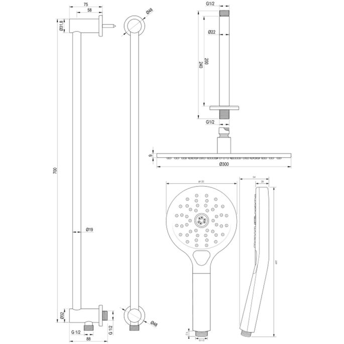 Brauer Carving 5-NG-207 thermostatische inbouw regendouche met drukknoppen SET 72 RVS geborsteld PVD