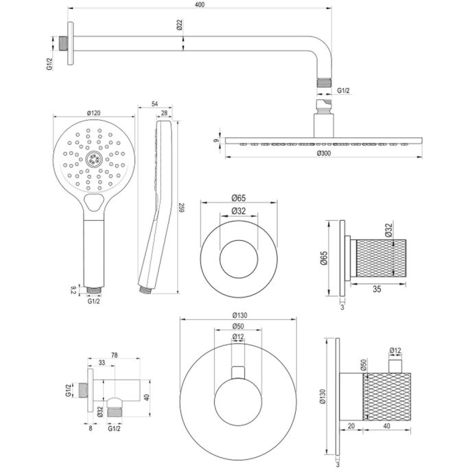 Brauer Carving 5-S-106 thermostatische inbouw regendouche SET 10 mat zwart