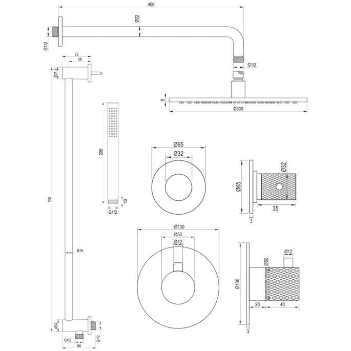 Brauer Carving 5-S-112 thermostatische inbouw regendouche SET 16 mat zwart