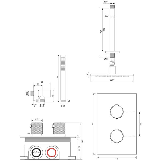 Brauer Carving 5-S-125 thermostatische inbouw regendouche 3-weg omstelling SET 29 mat zwart