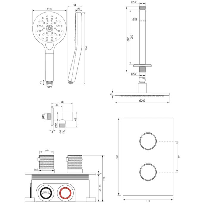 Brauer Carving 5-S-131 thermostatische inbouw regendouche 3-weg omstelling SET 35 mat zwart