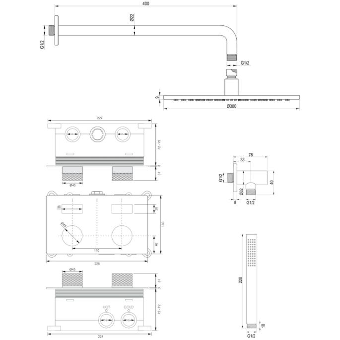 Brauer Carving 5-S-187 thermostatische inbouw regendouche met drukknoppen SET 52 mat zwart