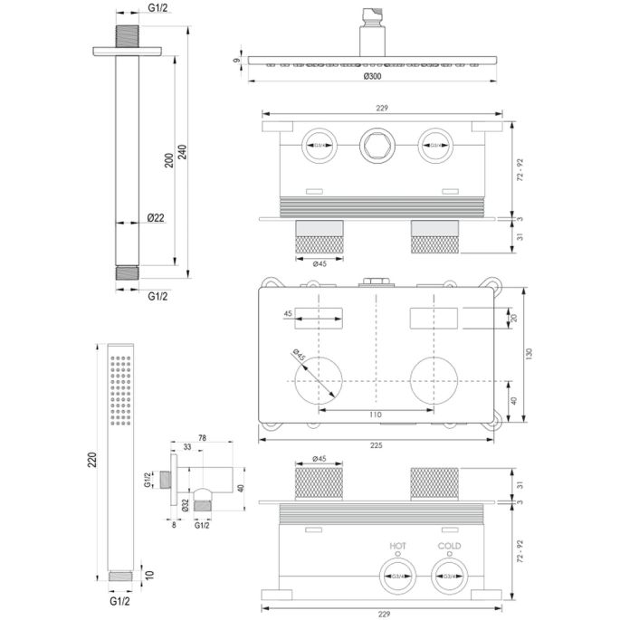 Brauer Carving 5-S-189 thermostatische inbouw regendouche met drukknoppen SET 54 mat zwart
