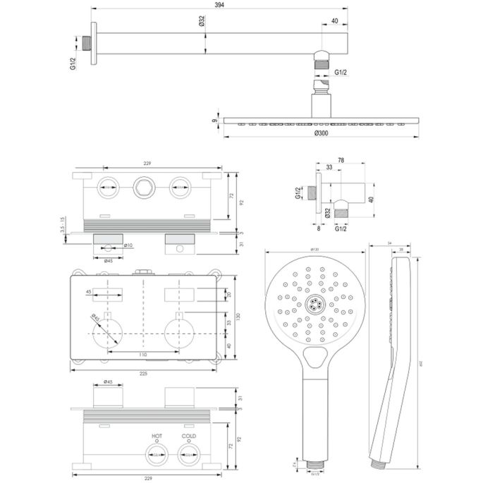 Brauer Edition 5-GK-167 thermostatische inbouw regendouche met drukknoppen SET 56 koper geborsteld PVD