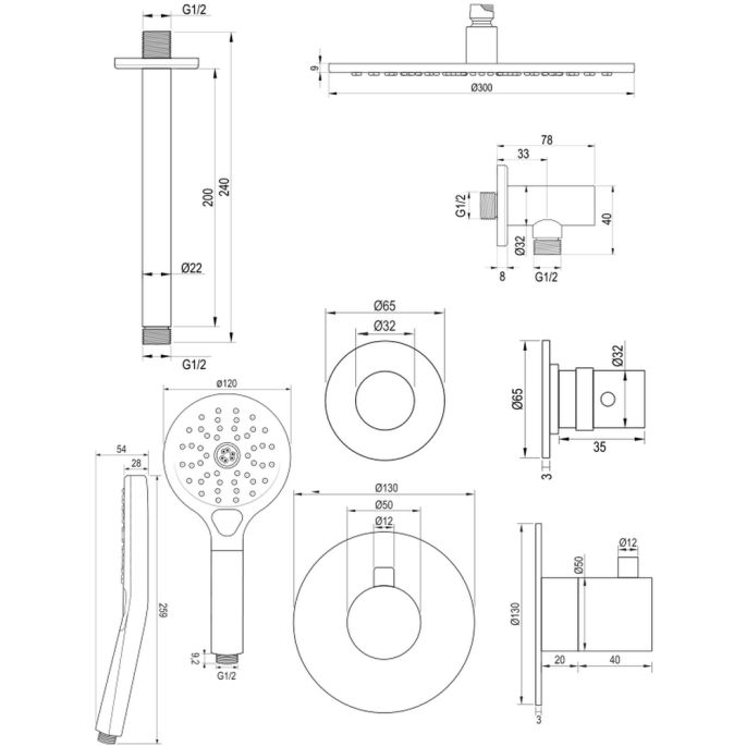 Brauer Edition 5-NG-031 thermostatische inbouw regendouche SET 12 RVS geborsteld PVD