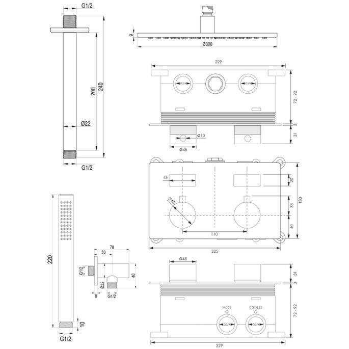Brauer Edition 5-NG-165 thermostatische inbouw regendouche met drukknoppen SET 54 RVS geborsteld PVD