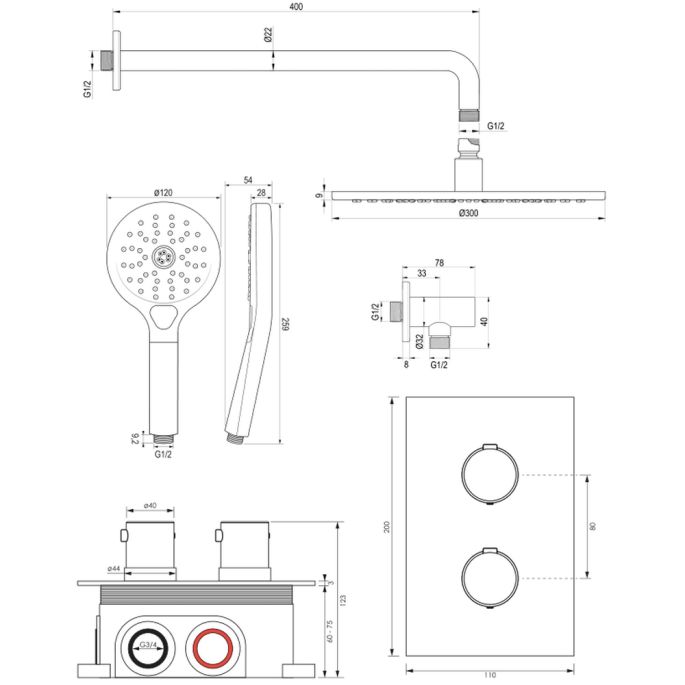 Brauer Edition 5-S-057 thermostatische inbouw regendouche 3-weg omstelling SET 34 mat zwart