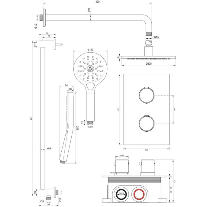 Brauer Edition 5-S-068 thermostatische inbouw regendouche 3-weg omstelling SET 45 mat zwart