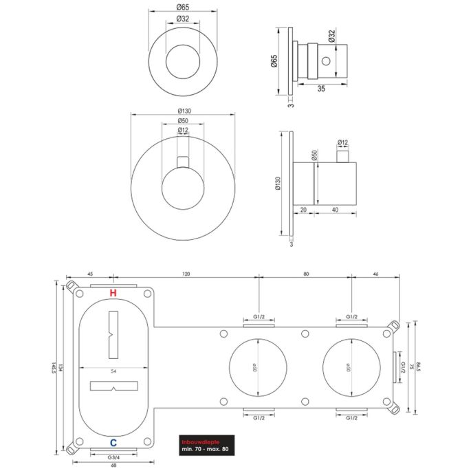 Brauer Edition 5-GG-023 thermostatische inbouw badkraan SET 02 goud geborsteld PVD