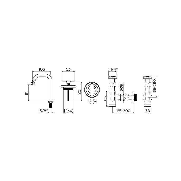 Clou Kaldur CL060509921 set tbv (New)Flush / First fonteinen - fonteinkraan (rechtse versie), sifon en afvoerplug, mat zwart