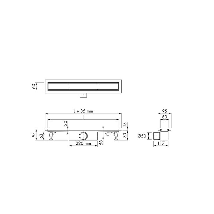 Easy Drain Compact 50 Flens EDCOMPR120050 douchegoot met RVS flens 120cm zijuitloop