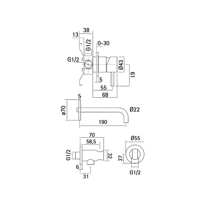 Pure RVS 316 Serie RV1101 4-gats inbouw badset RVS geborsteld