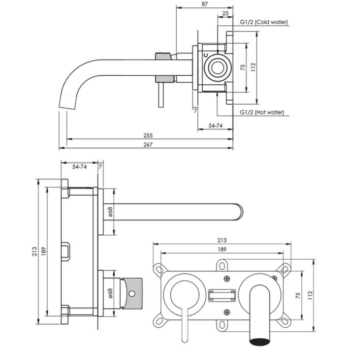 Brauer Carving 5-GK-083-B6-65 inbouw wastafelmengkraan met gebogen uitloop en rozetten model A2 koper geborsteld PVD