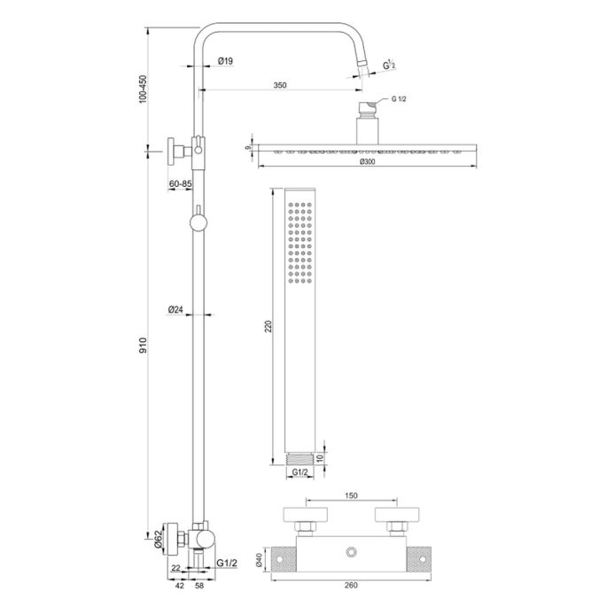Brauer Carving 5-GK-087-3 opbouw thermostatische regendouche SET 03 koper geborsteld PVD