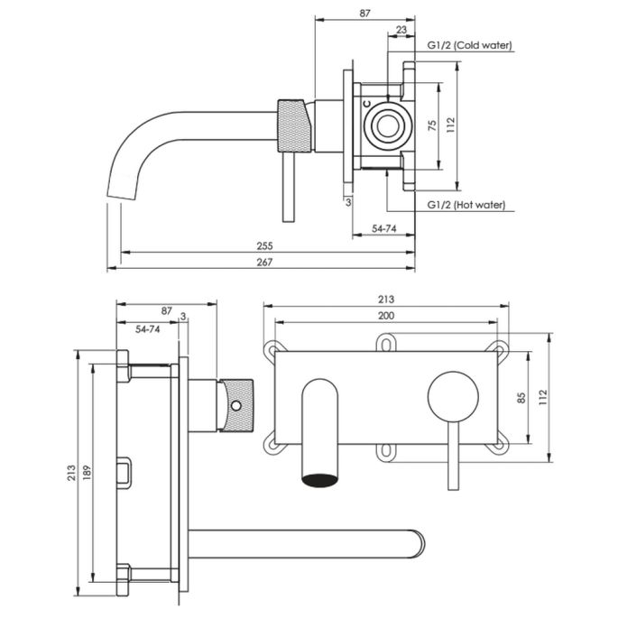 Brauer Carving 5-NG-004-B6 inbouw wastafelmengkraan met gebogen uitloop en afdekplaat model A1 RVS geborsteld PVD