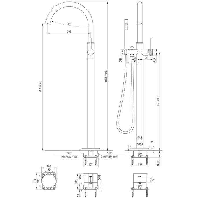 Brauer Carving 5-NG-084-1 vrijstaande badmengkraan SET 01 RVS geborsteld PVD