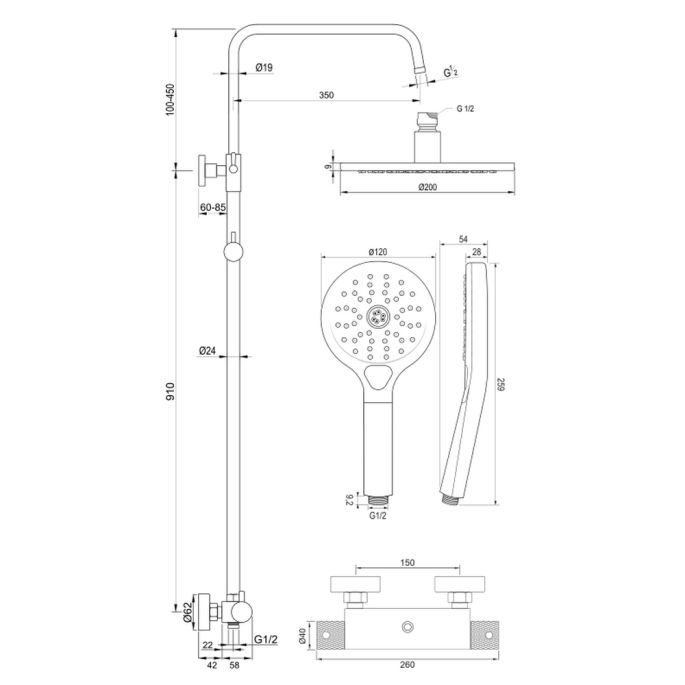 Brauer Carving 5-NG-087-2 opbouw thermostatische regendouche SET 02 RVS geborsteld PVD