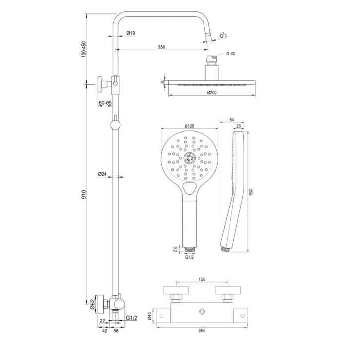 Brauer Edition 5-GG-007-2 opbouw thermostatische regendouche SET 02 goud geborsteld PVD