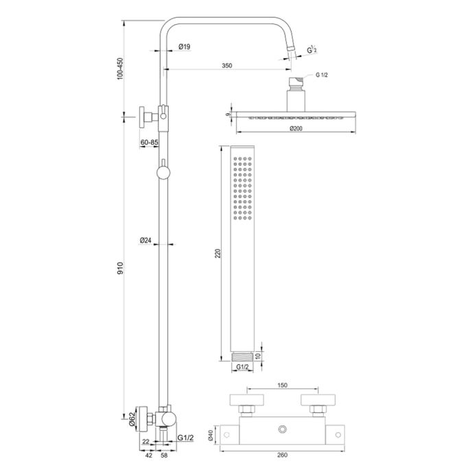 Brauer Edition 5-GM-007-1 opbouw thermostatische regendouche SET 01 gunmetal geborsteld PVD