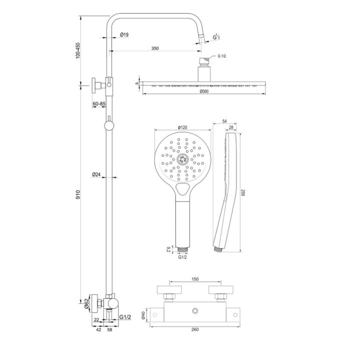 Brauer Edition 5-GM-007-4 opbouw thermostatische regendouche SET 04 gunmetal geborsteld PVD