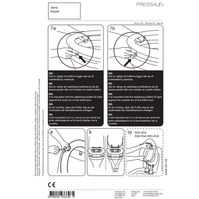 Pressalit Dania - Ergosit T9802 scharnier met doorlopende pen, 50mm verhoogd