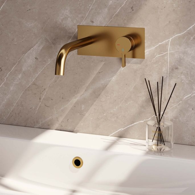Brauer Edition 5-GG-004-B1 inbouw wastafelmengkraan met gebogen uitloop en afdekplaat model E1 goud geborsteld PVD